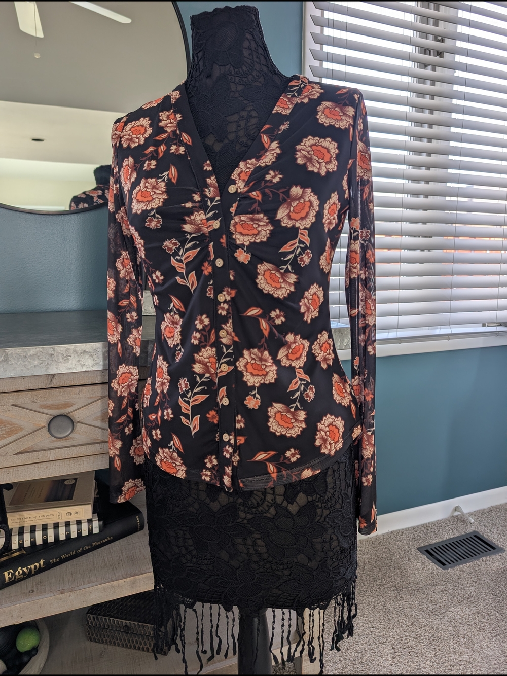 Black Floral Button-Up Blouse with Rust & Cream Flowers